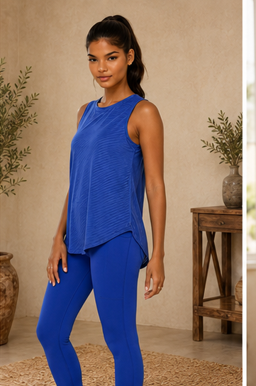 Sheer Striped Mesh Active Tank with Cut-Out Back Blue