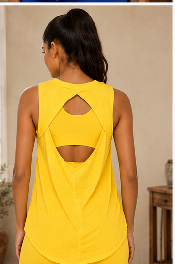 Sheer Striped Mesh Active Tank with Cut-Out Back Blue